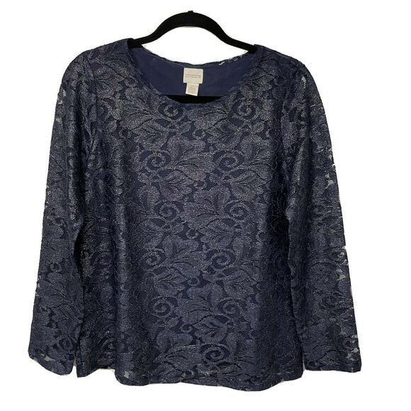 Chico's Gold & Navy Blue Foil Lace Top Size 0 Small/4 Metallic Sheer Sleeves - Picture 1 of 11